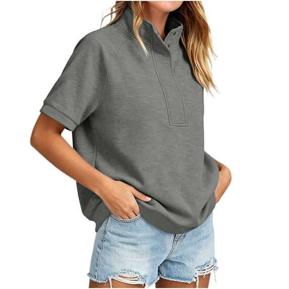 Women's Short Sleeve Sweatshirt Half Snap Button Stand Collar Relaxed Fit Casual Summer Pullover Vacation Outfits 2026