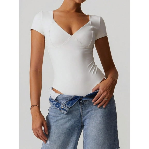 Women's Short Sleeve Sweetheart Neckline Bodysuit with Slim Fit and Stretch Fabric- Large, White