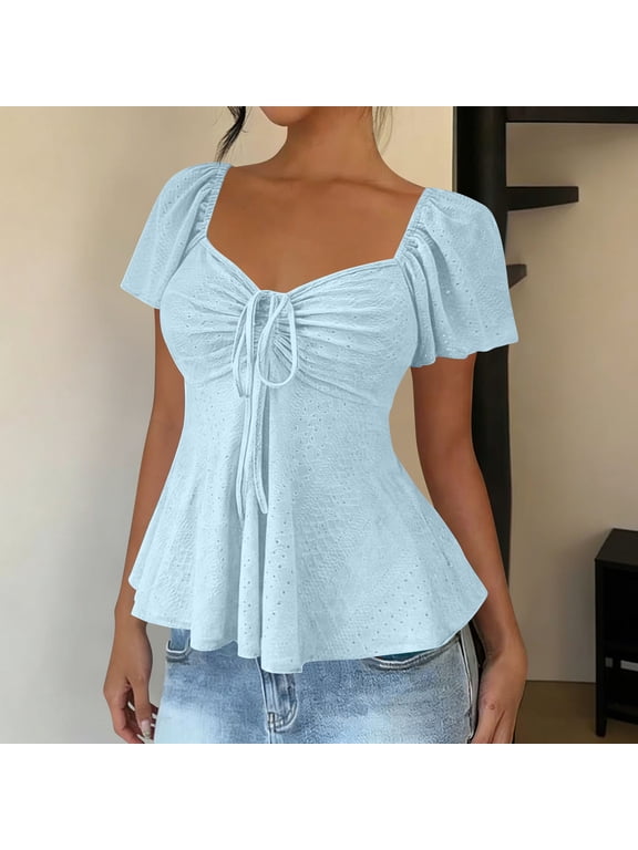 Women's Short Sleeve Sweetheart Neckline Peplum Tops Tie Front Ruched Babydoll Shirts Flowy Boho Casual Tunic Blouses(Light Blue,S)