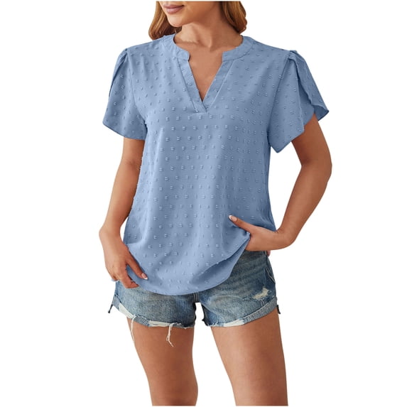Women's Short Sleeve Swiss Dot Blouse Notch V Neck T-Shirts Summer Tops Casual Loose Trendy Pleated Elegant Business Workwear Shirts Fashion Solid Color Tunic