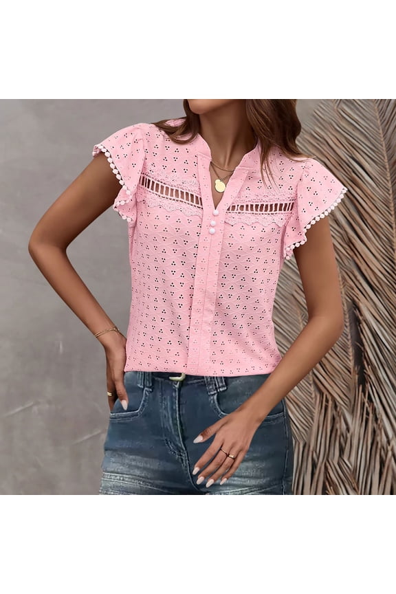 Women's Short Sleeve T-Shirt, Back Button Top with Lace Trim and Flyaway Sleeves, Soft Stretch Casual Blouse