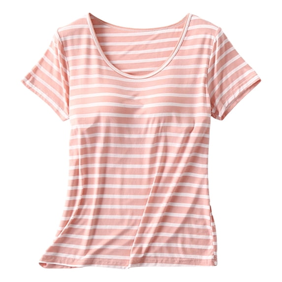 Women's Short Sleeve T-Shirt Built-in Bra Comfortable Pajama Top Soft Casual Vest Stylish Wear Breathable Fabric