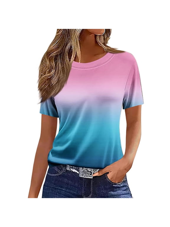 Women's Short Sleeve T Shirt Gradient Ombre Summer 2026 Casual Crew Neck Pullover Tops Soft Stretch Jersey Tee Shirts Regular Fit Lightweight Straight Hem Clothes