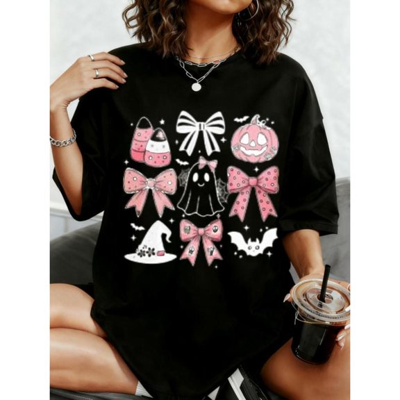 Women's Short Sleeve T-Shirt,Graphic Tees Casual Tops,Vintage Halloween Pumpkin Bat Witch Print,Comfort T-Shirt,Classic,cotton,black,S-5XL