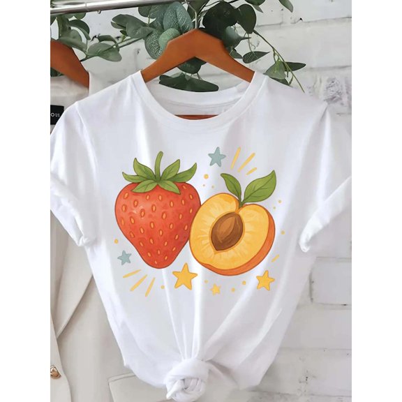Women's Short Sleeve T-Shirt, Graphic Tees, Loose Fit Tops, Strawberry Peach Star Print，Crew neck，Cute，cotton，white，S-5XL