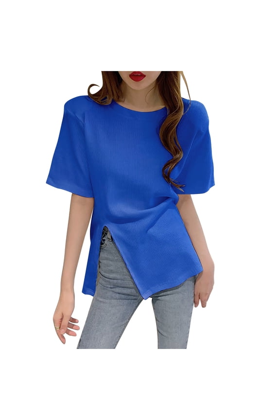 Women’s Short Sleeve T-Shirt Groove Strip Round Neck Tops Fashion Side Split Casual Tee ,Blue,M