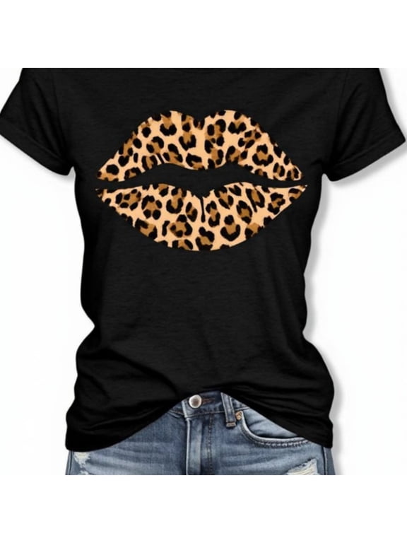 Women's Short Sleeve T-Shirt Leopard Print Lips Graphic Design Casual Crew Neck Summer Fashion Top Trendy Outfit Unique