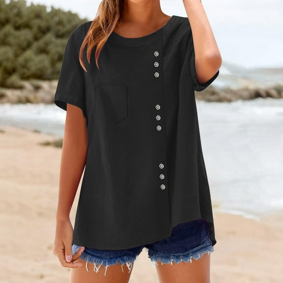 Women's Short Sleeve T-Shirt, Linen Blend Round Neck Blouse, Button Down Hem Casual Top, Solid Color Pullover for Everyday Wear