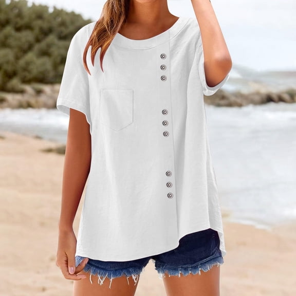 Women's Short Sleeve T-Shirt, Linen Blend Round Neck Blouse, Button Down Hem Casual Top, Solid Color Pullover for Everyday Wear
