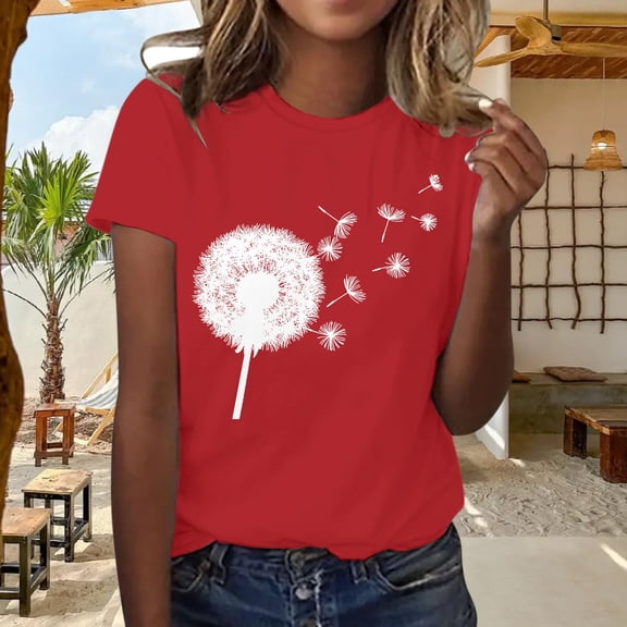 Women's Short Sleeve T-Shirt Red Dandelion Print Casual Women's Summer Crew Neck Loose Short Sleeve Top Women Spandex Shirts