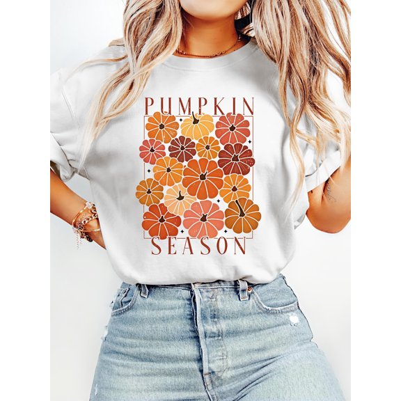 Women's Short Sleeve T-Shirt Scattered Pumpkin Splicing Minimalist Artistic Pattern Fall Theme English Print American Vintage Casual