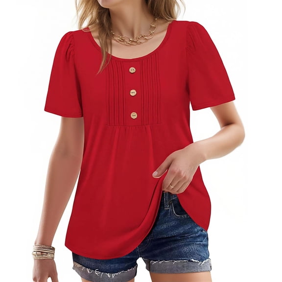 Women's Short Sleeve T-Shirt Solid Color Pleated Button Short Sleeve Round Neck Top - Soft Stretch Jersey Everyday Basic Tee for Spring Summer