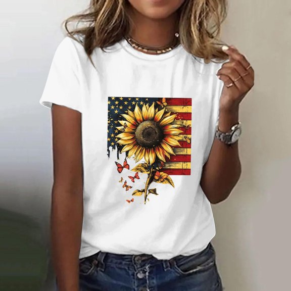 Women's Short Sleeve T-Shirt White 2D National Flag Graphic Loose Fit Athletic T-Shirt For Women Casual Short Sleeve Top Women Blending Shirts