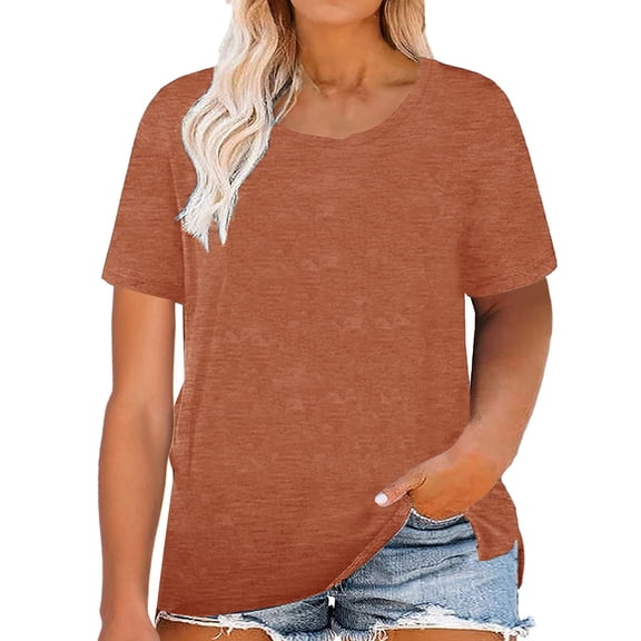 Women's Short Sleeve T-Shirt Women Blending Shirts Brown Solid Color Plus Size Women's Short Sleeve Casual Top