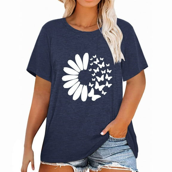 Women's Short Sleeve T-Shirt Women Blending Shirts Dark Blue Butterfly Print Plus Size Women's 2026 Summer Crew Neck Short Sleeve Top