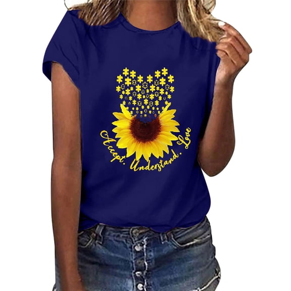 Women's Short Sleeve T-Shirt Women's Acrylic T-Shirt Blue Sunflower Print Plus Size Women's Short Sleeve T-Shirt Loose Casual Top