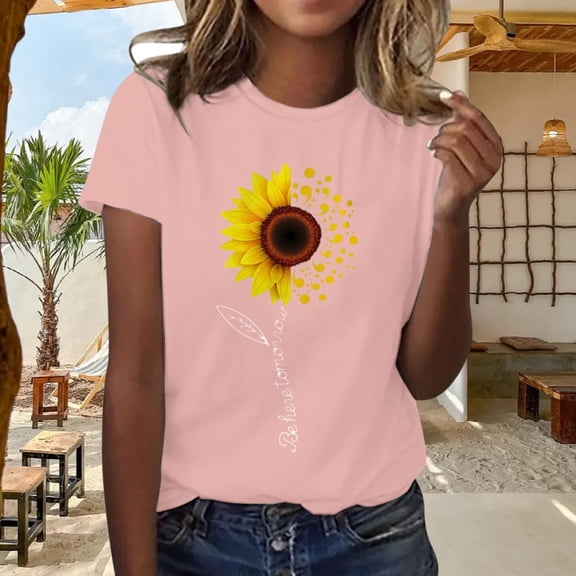 Women's Short Sleeve T-Shirt WCJM Women Spandex Shirts Pink Sunflower Print Women's Crew Neck Short Sleeve Loose Casual Summer T-Shirt