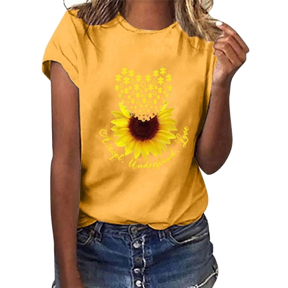 Women's Short Sleeve T-Shirt WCJM Women's Casual Plus Size Short Sleeve Tee Featuring Sunflower Print Women's Acrylic T-Shirt