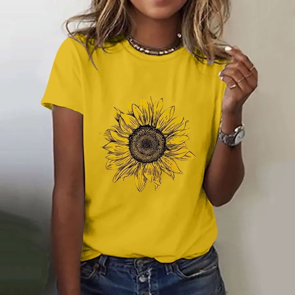 Women's Short Sleeve T-Shirt WCJM Women's Chiffon T-Shirt Yellow Casual Summer Women's T-Shirt Sunflower Floral Print Crew Neck Short Sleeve Lightweight Soft Blouse