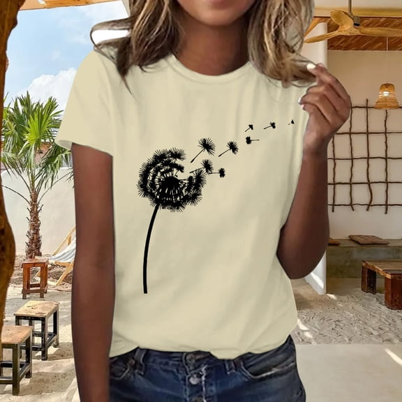 Women's Short Sleeve T-Shirt WCJM Women's Dandelion Print Casual Summer Loose Crew Neck Short Sleeve T-Shirt Women Spandex Shirts