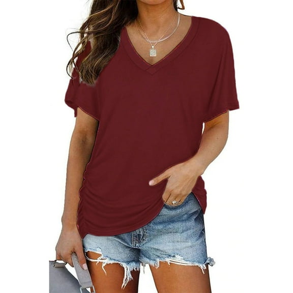 Women's Short Sleeve T-Shirt WCJM Women's Solid Color Casual V-Neck Short Sleeve Top Women Blending Shirts