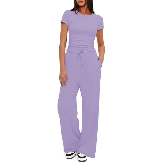 Women's Short Sleeve T Shirt and Wide Leg Pants Set, Minimal Casual Two Piece Outfit