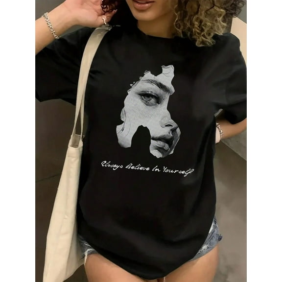 Women's Character & Slogan Print Short Sleeve T-Shirt Always Believe In Yourself Graphic Tees Women Tops