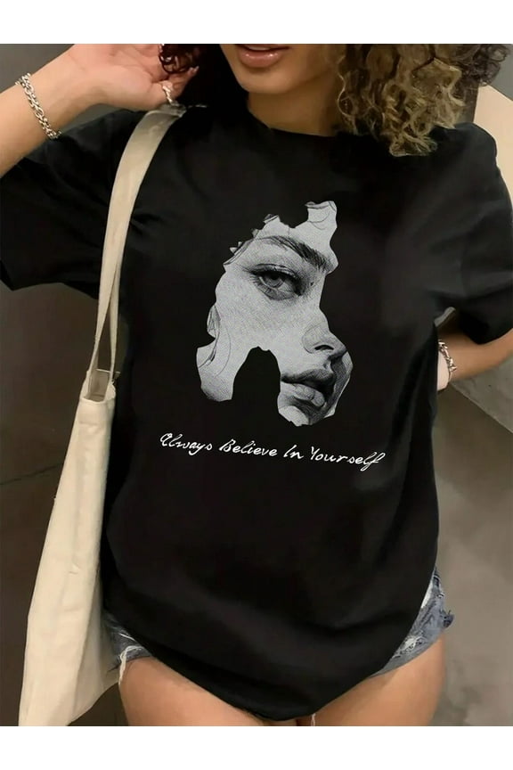 Women's Short Sleeve T-Shirt with Character Print and Slogan "Always Believe in Yourself", Graphic T-Shirts for Women