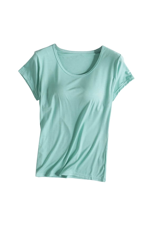 Women's Short Sleeve T-Shirt with Chest Pad Bra Cup Semi-Sleeve Vest Pajamas - Soft Polyester Spandex Fabric