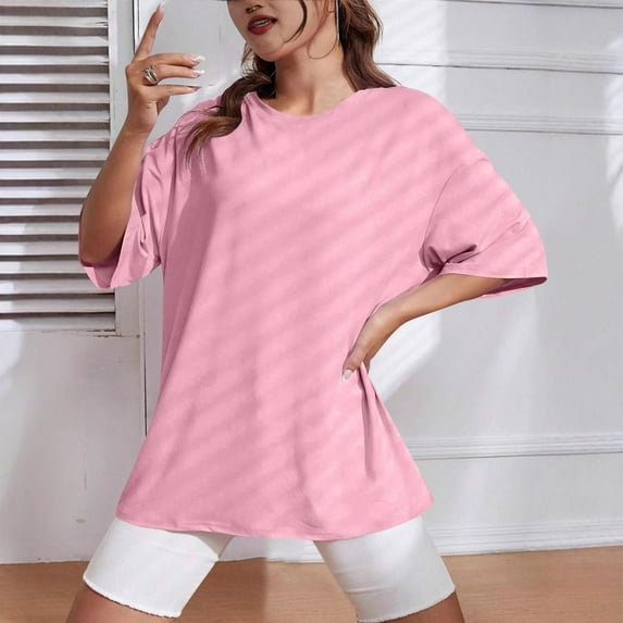 Women's Short Sleeve T Shirts Crewneck Loose Casual Summer Cotton Tees Tops Pink S