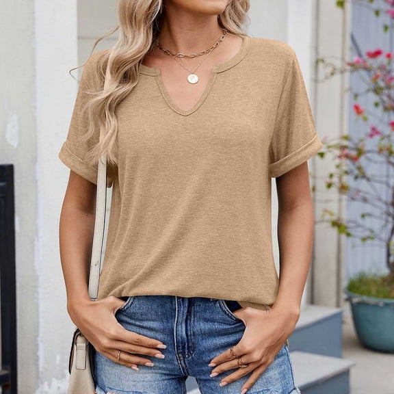 Women's Short Sleeve T-Shirts Cotton V-Neck Solid Color Tunic Tops Casual Tee Cute Summer Tshirts (L, Khaki)