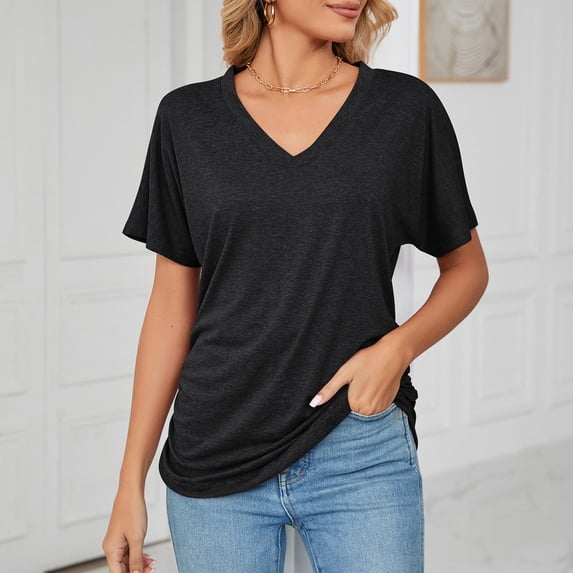 Women's Short Sleeve T Shirts Fashion V Neck Oversized Loose Tops Solid Casual Blouses Swim Tops Women Short Sleeve T Shirt Medium Sleeve Womens Shirts Casual Woman Lose Shirt Athletic Wear Tops for