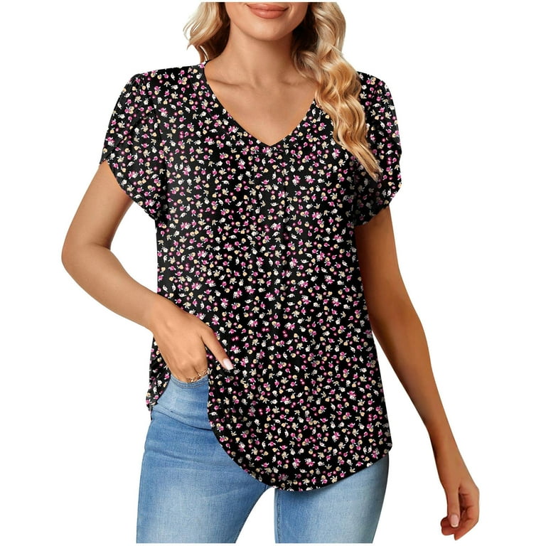 Women s Short Sleeve T Shirts Hide Belly Fat Ditsy Floral V Neck Elegant Tops Petal Sleeve Pleated Loose Fit Summer Daily Wear Tee Camisas