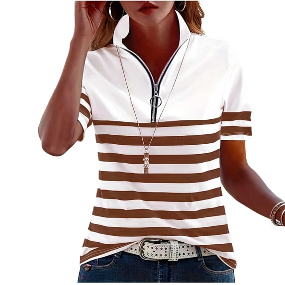 Women's Short Sleeve T Shirts Zipper Tops Tee Color Block Casual Summer Loose Fit Blouses Striped Casual Quarter Zip Shirts Oversized Trendy Loose Fit Tops 2026 Summer Beach Outfits