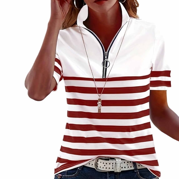 Women's Short Sleeve T Shirts Zipper Tops Tee Color Block Casual Summer Loose Fit Blouses Striped Casual Quarter Zip Shirts Oversized Trendy Loose Fit Tops 2026 Summer Beach Outfits