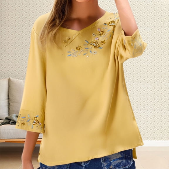 Women's Short Sleeve T-shirt 3/4 Sleeve Linen Shirts For Women 2025 Cotton Summer Retro Embroidered Boho Tops Casual Trendy Vacation Blouse,Yellow Women's Short sleeve T-shirt XXL