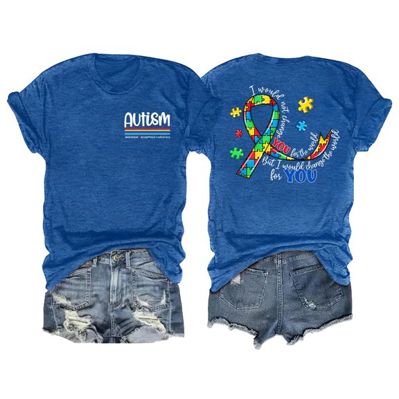 Women's Short Sleeve T-shirt Awareness Shirt For Women I Wear Blue Tshirt Mom T Shirt Puzzle Piece Short Sleeve Tops,Blue Women's Short sleeve T-shirt S