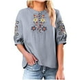 thumbnail image 1 of Women's Short Sleeve T-shirt Embroidered Tops For Women Floral Cotton Linen Tunic Tshirt Tee Women 3/4 Sleeve V Neck Button Boho Ethnic,Blue Women's Short sleeve T-shirt XL, 1 of 6