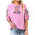 thumbnail image 1 of Women's Short Sleeve T-shirt Embroidered Tops For Women Floral Cotton Linen Tunic Tshirt Tee Women 3/4 Sleeve V Neck Button Boho Ethnic,Pink Women's Short sleeve T-shirt XXL, 1 of 6