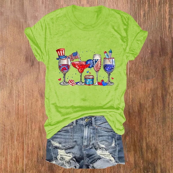 Women's Short Sleeve T-shirt Happy 4Th Of July Wine Glasses Usa Flag Drinking Party Women T Shirt,Yellow Women's Short sleeve T-shirt XL