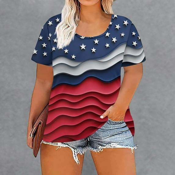 Women's Short Sleeve T-shirt Plus Size Patriotic Shirts For Women Summer 2025 Funny 4Th Of July T Shirt Stripes Print American Flag Tee Tops,Blue Women's Short sleeve T-shirt L