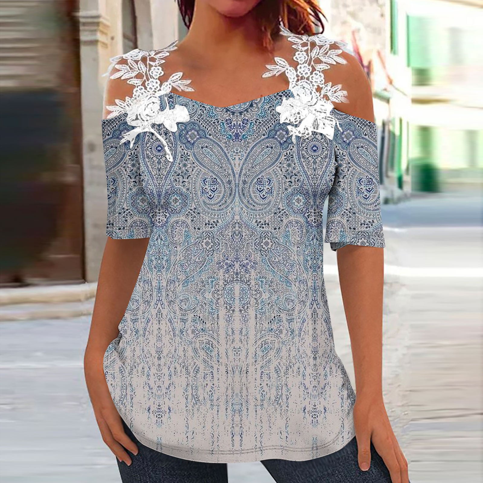 Women's Short Sleeve T-shirt Printed Imitation Cotton Lace Top