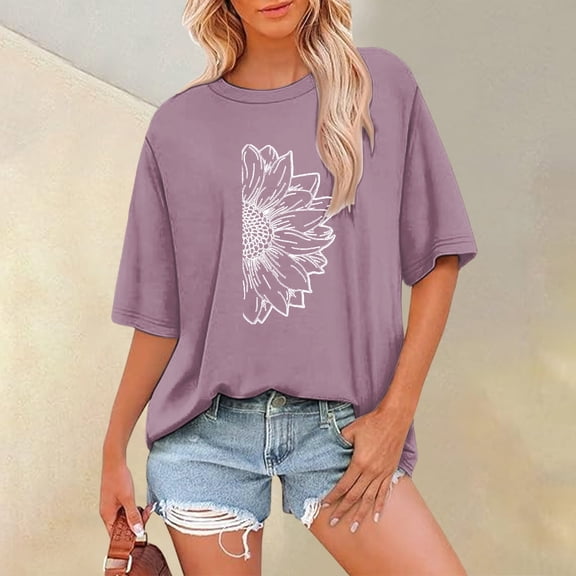 Women's Short Sleeve T-shirt Summer Tops For Women Short Sleeve Crewneck Oversized T Shirts Trendy Solid/Flower Printed Beach Vacation Clothes,Purple Women's Short sleeve T-shirt M