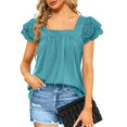 thumbnail image 1 of Women's Short Sleeve T-shirt ，U Neck Shirt， Summer Lace Puff Sleeve Blouses Tops Turquoise 2XL, 1 of 4