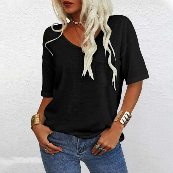 Women's Short Sleeve T-shirt Women'S 3/4 Sleeve Shirts V Neck Loose Fitting Tops Casual Solid Color Tshirts Trendy Basic Tunic Summer Ladies Tops,Black Women's Short sleeve T-shirt S