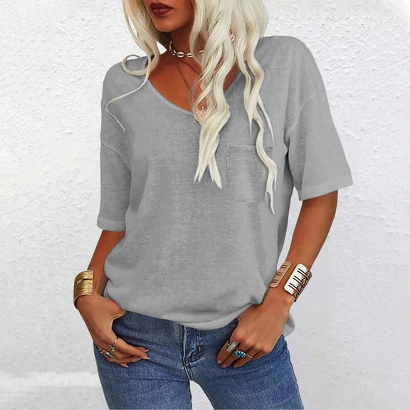 Women's Short Sleeve T-shirt Women'S 3/4 Sleeve Shirts V Neck Loose Fitting Tops Casual Solid Color Tshirts Trendy Basic Tunic Summer Ladies Tops,Gray Women's Short sleeve T-shirt S