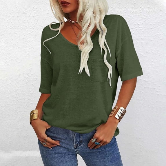 Women's Short Sleeve T-shirt Women'S 3/4 Sleeve Shirts V Neck Loose Fitting Tops Casual Solid Color Tshirts Trendy Basic Tunic Summer Ladies Tops,Green Women's Short sleeve T-shirt M