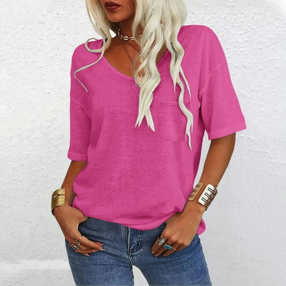 Women's Short Sleeve T-shirt Women'S 3/4 Sleeve Shirts V Neck Loose Fitting Tops Casual Solid Color Tshirts Trendy Basic Tunic Summer Ladies Tops,Pink Women's Short sleeve T-shirt L