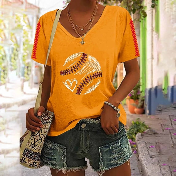 Women's Short Sleeve T-shirt Women'S Baseball Festival Solid Color Baseball Printed V Neck Short Sleeved Top,Orange Women's Short sleeve T-shirt S