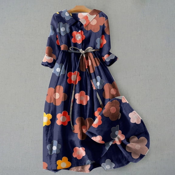 Women's Short Sleeve T-shirt Women'S Casual Art Floral Print Mid Length Sleeve Loose Dress With Full Swing Dress,Blue Women's Short sleeve T-shirt M
